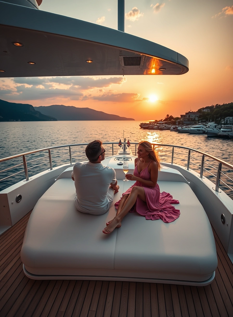 Guests enjoying champagne on yacht deck at sunset