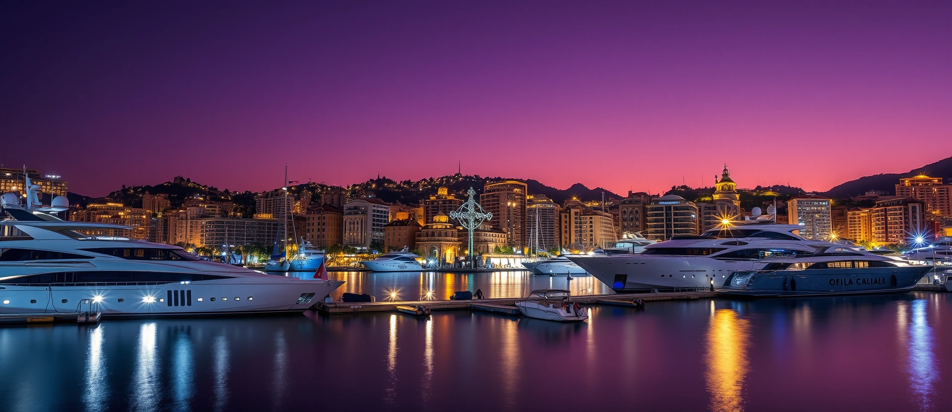 Monaco harbor at dusk with superyachts